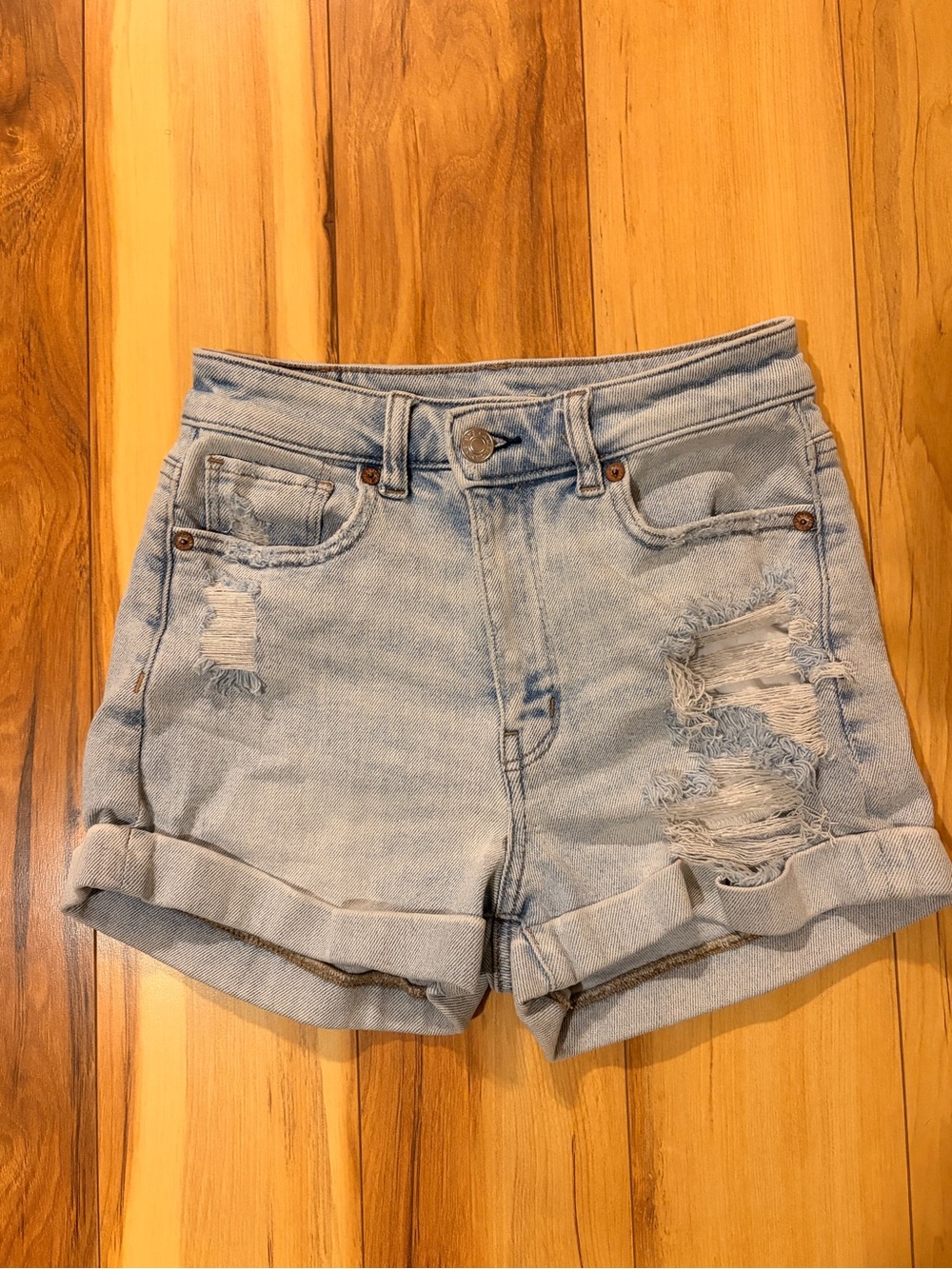 American Eagle Outfitters Light Blue Distressed High-Rise Denim Shorts